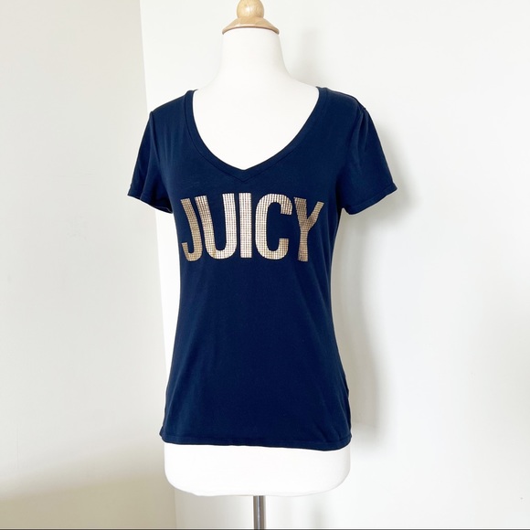 Juicy Couture Tops - Juicy Couture Navy Blue & Gold Logo V Neck Tee